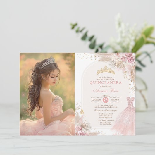 Roze Boho Floral Quinceañera 15e verjaardag Foto Kaart (Staand voorkant)