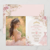 Roze Boho Floral Quinceañera 15e verjaardag Foto Kaart (Voorkant / Achterkant)