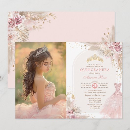 Roze Boho Floral Quinceañera 15e verjaardag Foto Kaart (Voorkant / Achterkant)