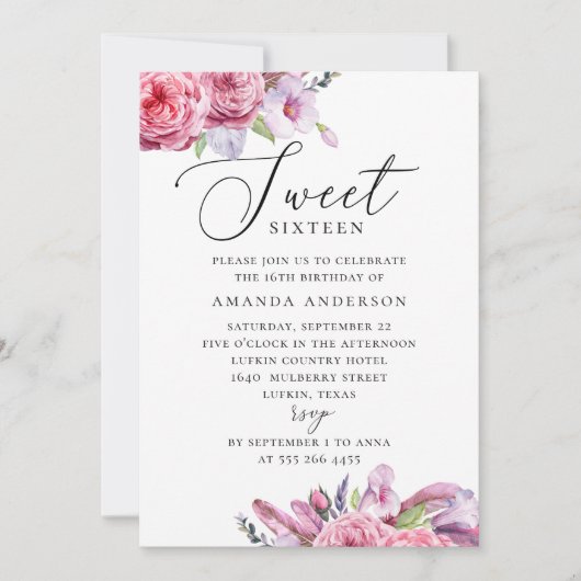 Roze boho floral Sweet 16. Tuin 16e verjaardag Kaart (Voorkant)