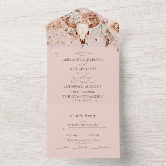 Roze Boho Floral Westerne bruiloft All In One Uitnodiging (Binnen)