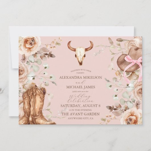 Roze Boho Floral Westerne bruiloft Kaart (Voorkant)