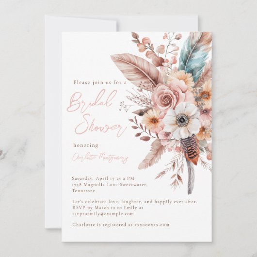 Roze Boho Flower & Feathers Elegant Vrijgezellenfe Kaart (Voorkant)