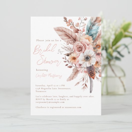 Roze Boho Flower & Feathers Elegant Vrijgezellenfe Kaart (Staand voorkant)