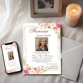 Roze Boho Gouden Herdenkingsdienst Funeral Foto Kaart