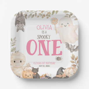 Roze Boho Griezelen Eén 1e Verjaardag Schattig Spo Papieren Bordje