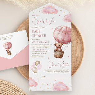 Roze Boho Heet Luchtballon Teddybeer Babyshower All In One Uitnodiging