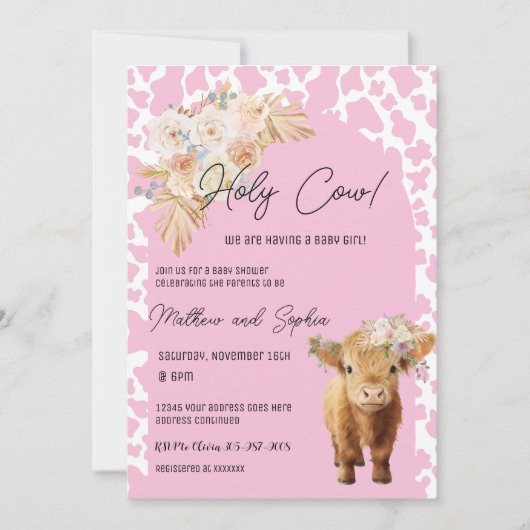 Roze Boho Heilige Koe Meisje Baby shower Uitnodigi Kaart (Voorkant)