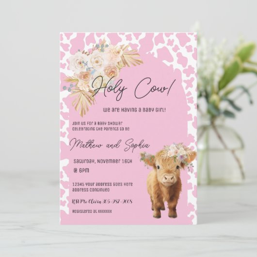 Roze Boho Heilige Koe Meisje Baby shower Uitnodigi Kaart (Staand voorkant)