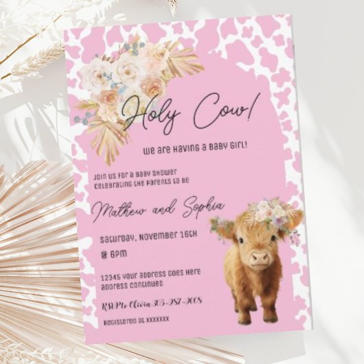 Roze Boho Heilige Koe Meisje Baby shower Uitnodigi Kaart