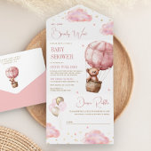 Roze Boho Hete Luchtballon Teddy Bear Baby shower All In One Uitnodiging