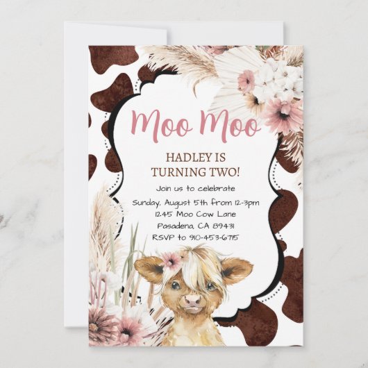 Roze Boho Highland Koe Verjaardag Kaart (Voorkant)