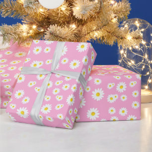 Roze Boho Lente Madeliefjes Patroon Cadeaupapier
