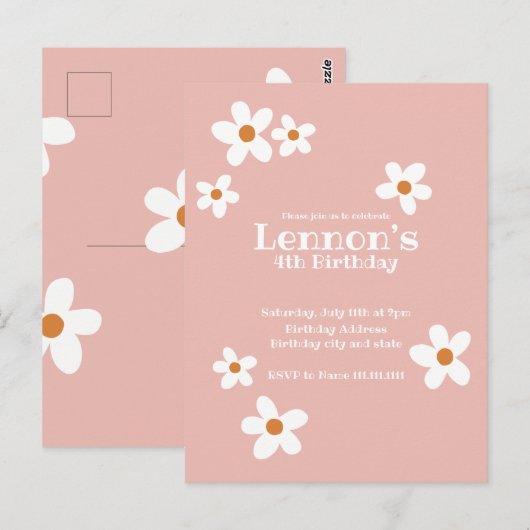 Roze Boho Madeliefje Meisje Verjaardagsfeest Uitno Briefkaart (Voorkant / Achterkant)