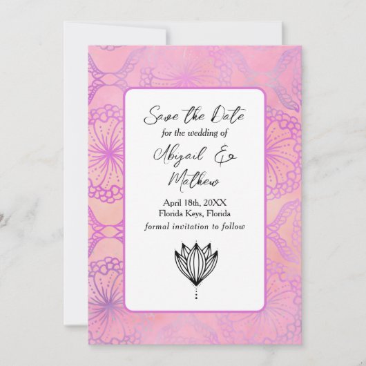 Roze Boho Modern India Tropisch sparen de Datum Save The Date (Voorkant)