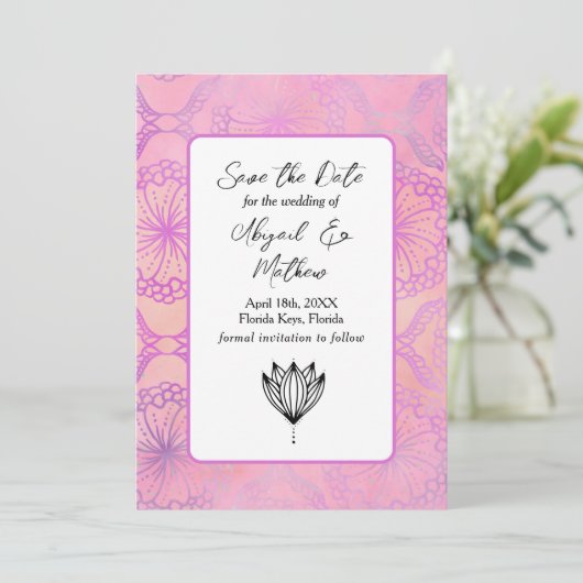 Roze Boho Modern India Tropisch sparen de Datum Save The Date (Staand voorkant)