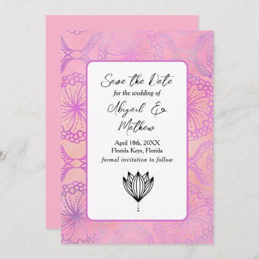 Roze Boho Modern India Tropisch sparen de Datum Save The Date (Voorkant / Achterkant)