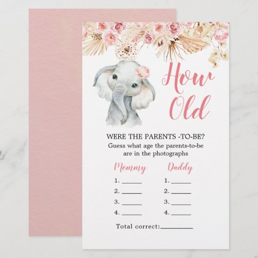 Roze Boho Olifant Baby shower Hoe oud Ouders (Voorkant / Achterkant)