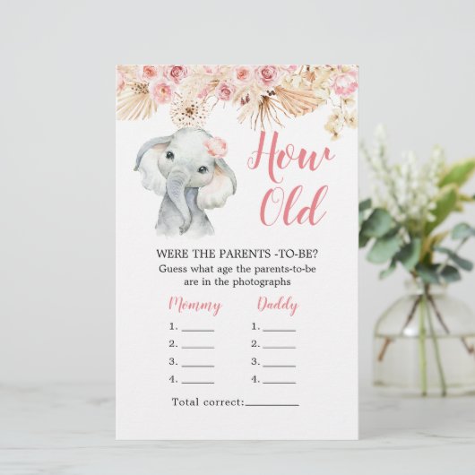 Roze Boho Olifant Baby shower Hoe oud Ouders (Staand voorkant)