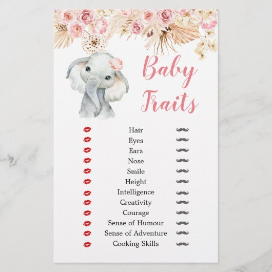 Roze Boho Olifant Meisje Baby shower Baby Traits (Voorkant)