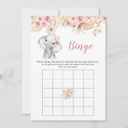 Roze Boho Olifant Meisje Baby shower Bingo Spel Kaart (Voorkant)