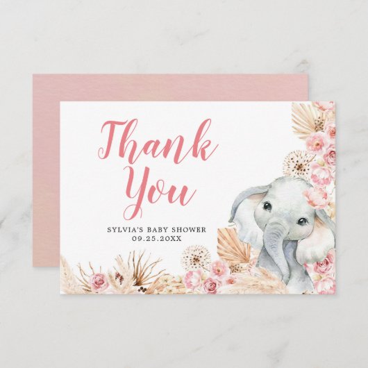 Roze Boho Olifant Meisje Baby shower Dank u kaart (Voorkant / Achterkant)