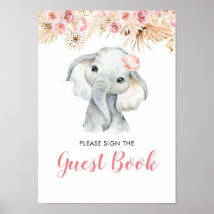Roze Boho Olifant Meisje Baby shower Gastenboek Poster