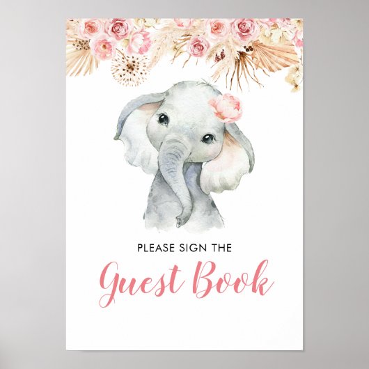 Roze Boho Olifant Meisje Baby shower Gastenboek Poster (Voorkant)