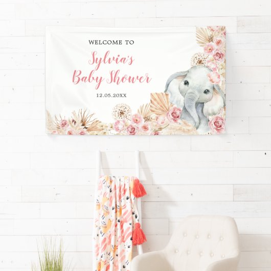 Roze Boho Olifant Meisje Baby shower Grote Banner (Insitu)