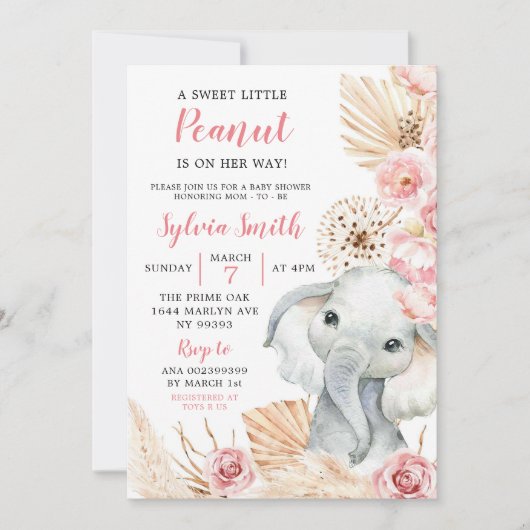 Roze Boho Olifant Meisje Baby shower Invitation Kaart (Voorkant)