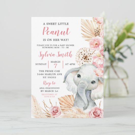 Roze Boho Olifant Meisje Baby shower Invitation Kaart (Staand voorkant)