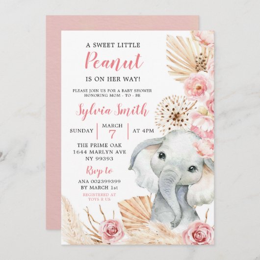 Roze Boho Olifant Meisje Baby shower Invitation Kaart (Voorkant / Achterkant)