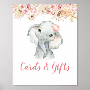 Roze Boho Olifant Meisje Baby shower Kaarten & Ges Poster