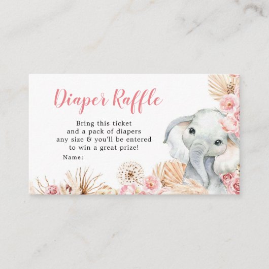 Roze Boho Olifant Meisje Baby shower Luier Raffle Informatiekaartje (Voorkant)