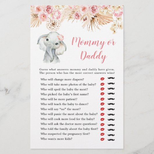 Roze Boho Olifant Meisje Baby shower Mama of Papa (Voorkant)