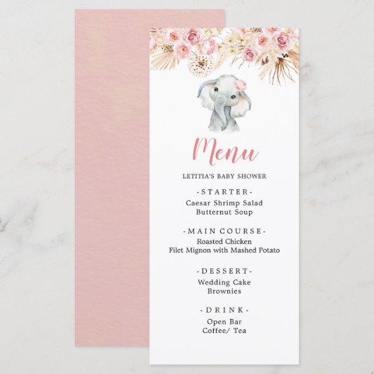 Roze Boho Olifant Meisje Baby shower Menu (Voorkant / Achterkant)