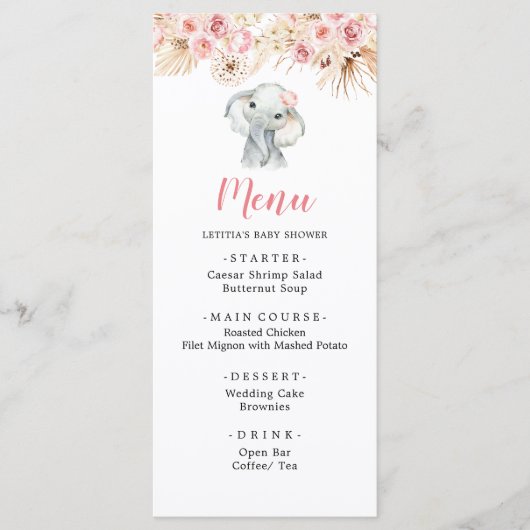 Roze Boho Olifant Meisje Baby shower Menu (Voorkant)