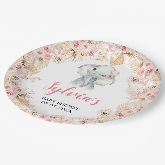 Roze Boho Olifant Meisje Baby shower Papier Bord (Gekanteld)