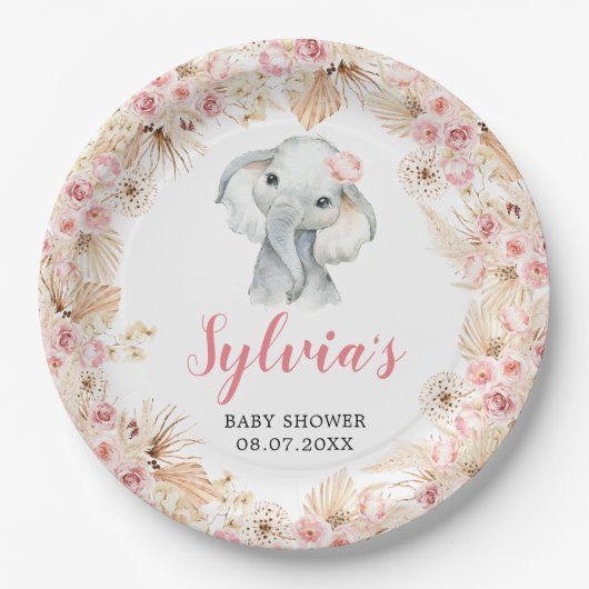 Roze Boho Olifant Meisje Baby shower Papier Bord (Voorkant)