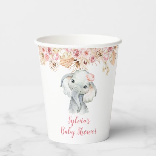 Roze Boho Olifant Meisje Baby shower Papier Cup Papieren Bekers (Achterkant)