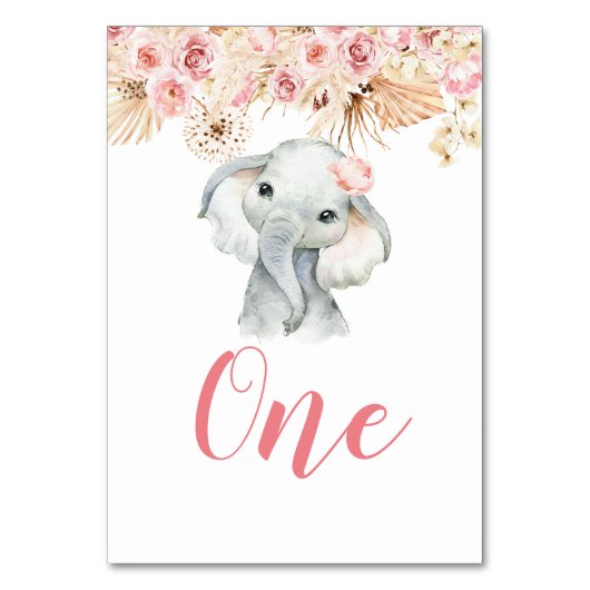 Roze Boho Olifant Meisje Baby shower Tafelnummer (Voorkant)