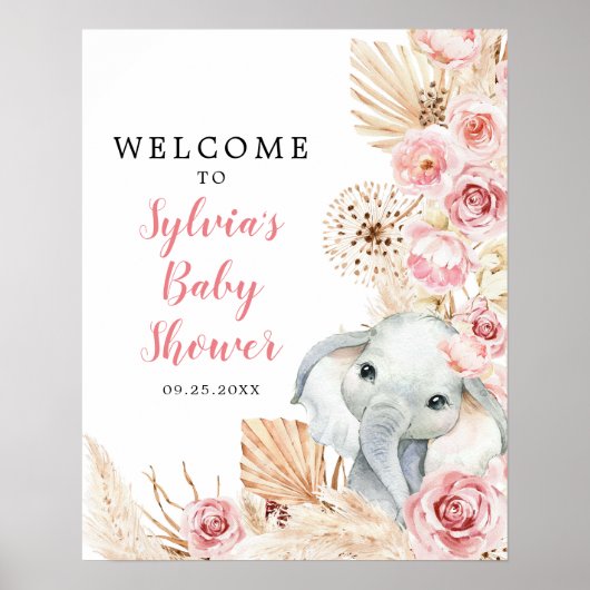 Roze Boho Olifant Meisje Baby shower Welkomstbord Poster (Voorkant)