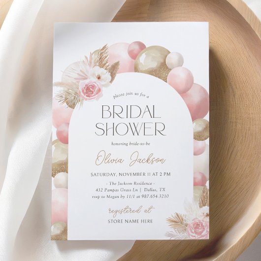 Roze Boho Pampas Gras Ballonboog Bruidsdouche Kaart