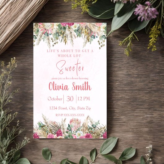 Roze Boho Pampas Gras Bloemen Meisje Baby Shower Kaart