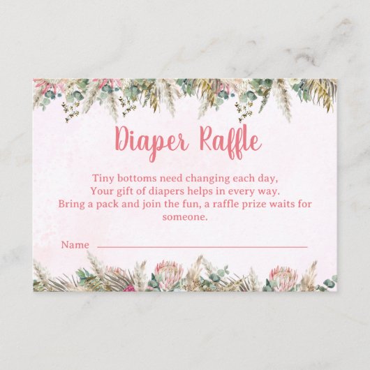 Roze Boho Pampas Gras Luier Raffle Ticket Informatiekaartje (Voorkant)