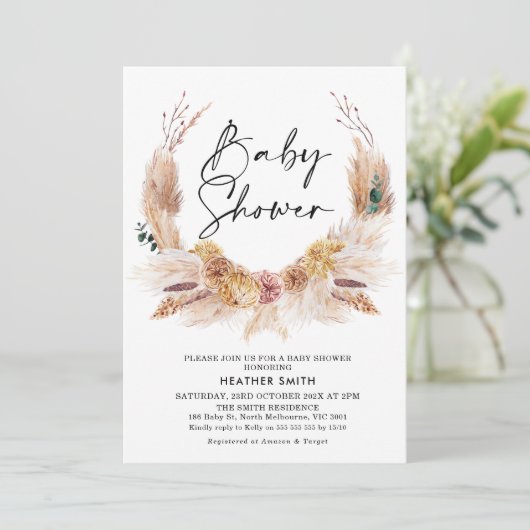 Roze Boho Pampas Grass Baby shower Uitnodiging (Staand voorkant)
