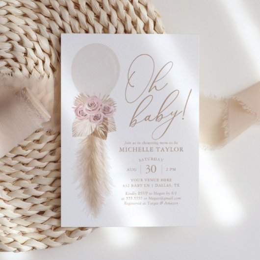 Roze Boho Pampas Grass Balloon Meisje Baby shower Kaart