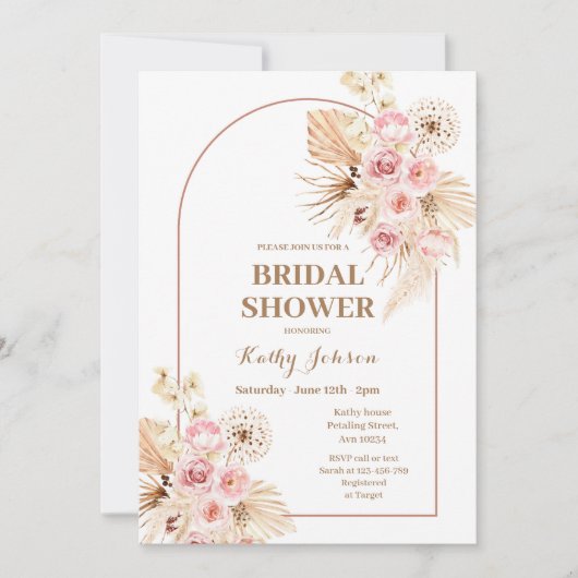 Roze Boho Pampas Grass Bridal Shower Kaart (Voorkant)