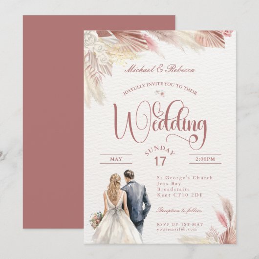 Roze Boho Pampas Grass bruiloft briefpapier Kaart (Voorkant / Achterkant)