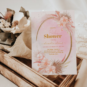 Roze Boho Pampas Grass Girl Baby shower Kaart